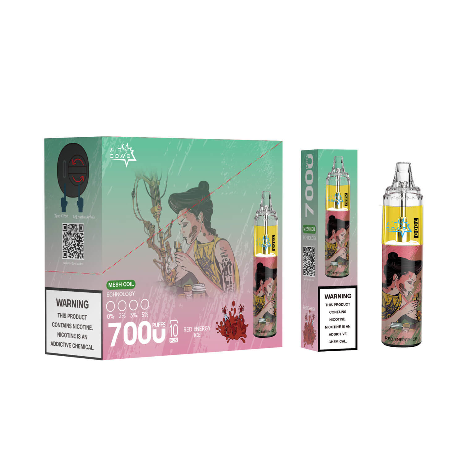 Packaging of a vape product featuring a stylized illustration of a woman with a tattoo, holding a device. The box includes product details like "7000 Puffs," "Mesh Coil," and a nicotine warning label. The device is transparent, showing red liquid inside.