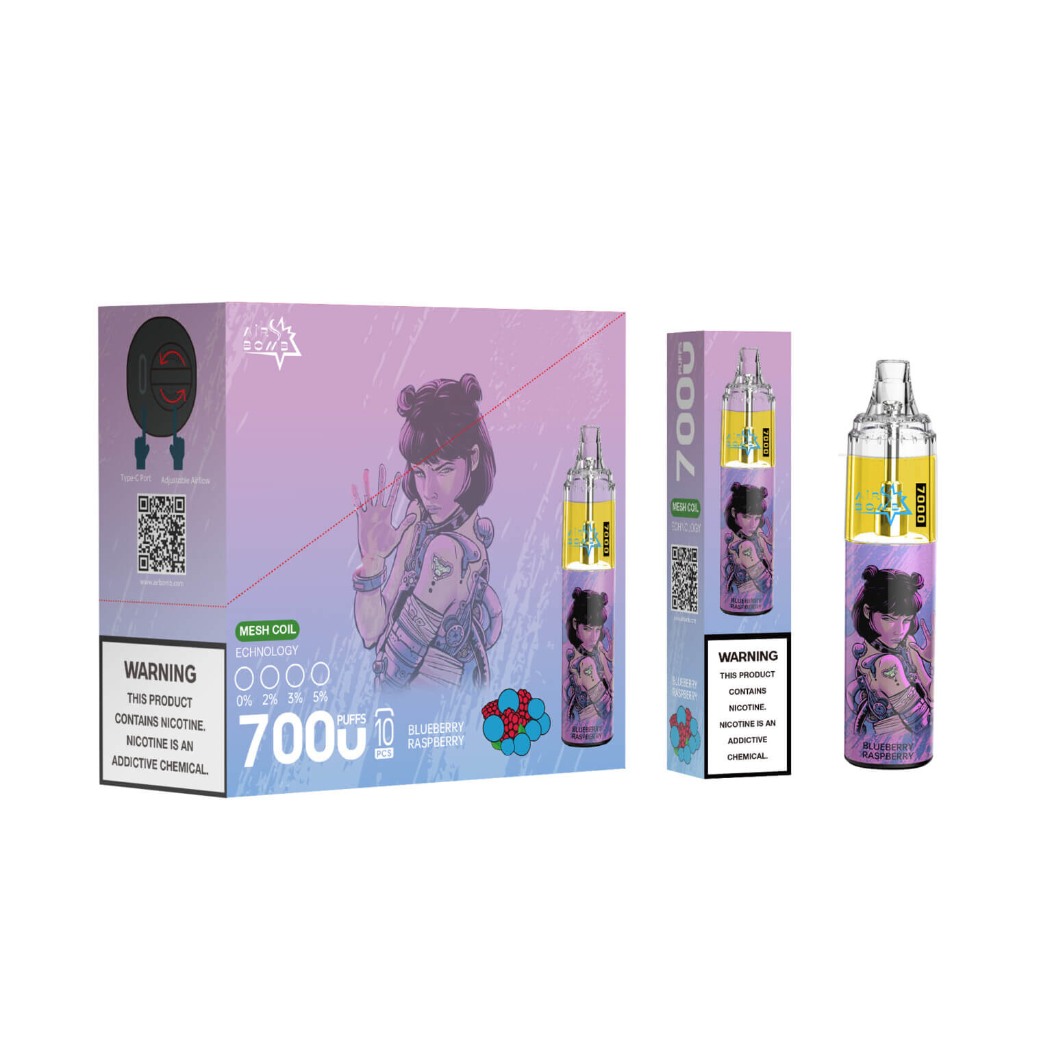A boxed vape product with "7000 puffs" labeled, featuring a stylized illustration of a woman with tattoos and the flavor "Blueberry Raspberry." The box includes a warning label about nicotine.