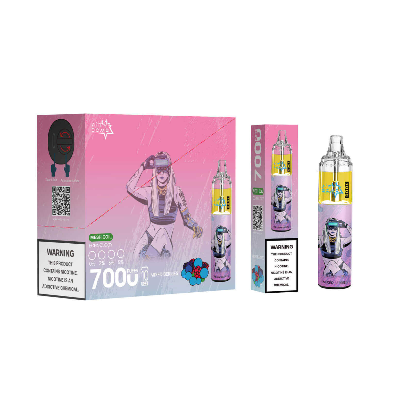 Packaging for a vape product with a pink and purple gradient background, featuring a futuristic character wearing a visor. The text indicates "7000 puffs" and "Mixed Berries" flavor. A warning label states that the product contains nicotine.