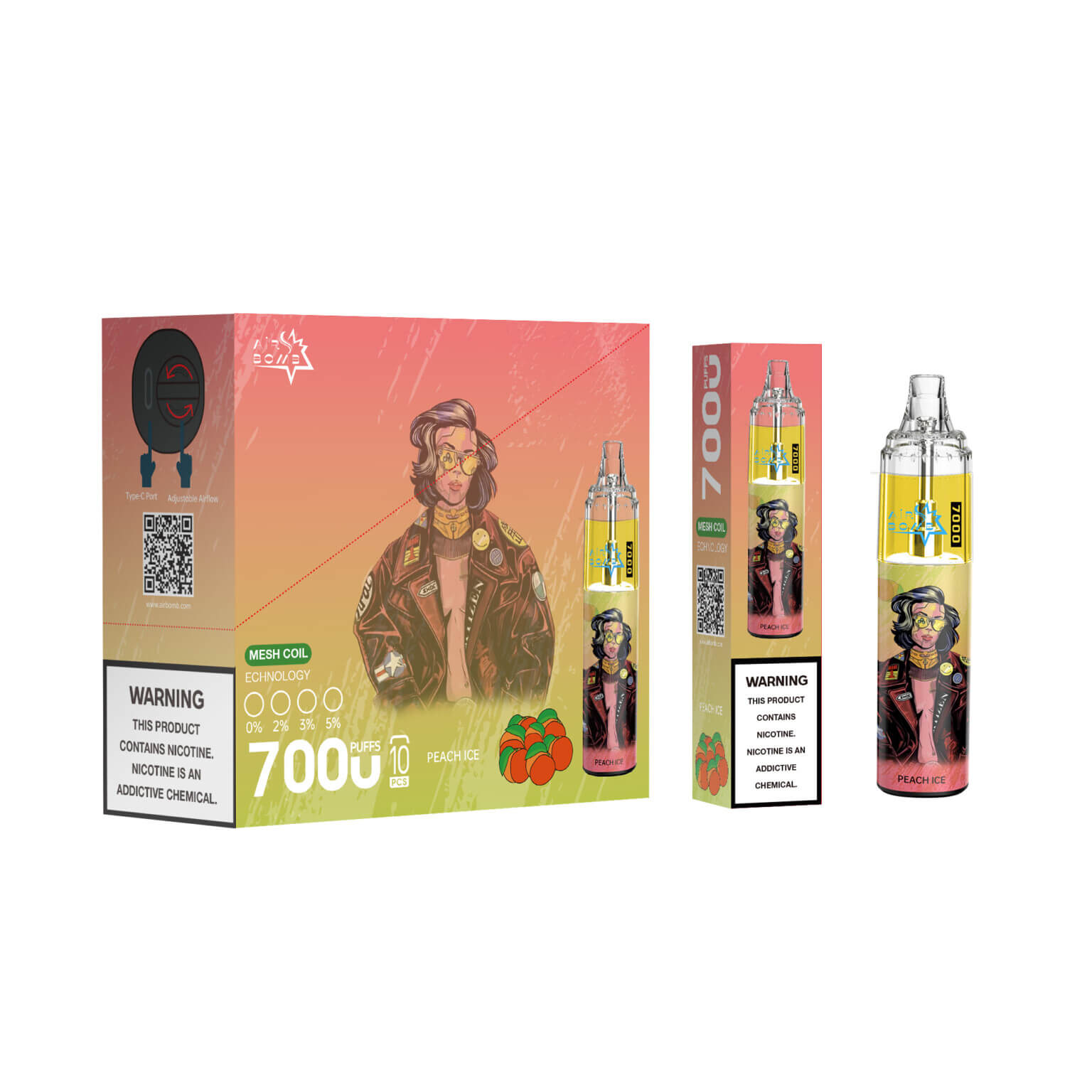 Packaging and product of a Peach Ice 7000-puff vape device, featuring a colorful illustration of a person in a leather jacket and glasses.