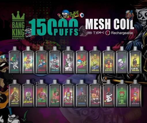Imagem de vários vaporizadores descartáveis Bang King de 15.000 puffs com personagens coloridos em estilo cartoon em cada dispositivo, dispostos em duas fileiras sobre um fundo escuro com aparência de grafite. O texto destaca recursos como bobina de malha, carregamento Tipo C e recarregamento.