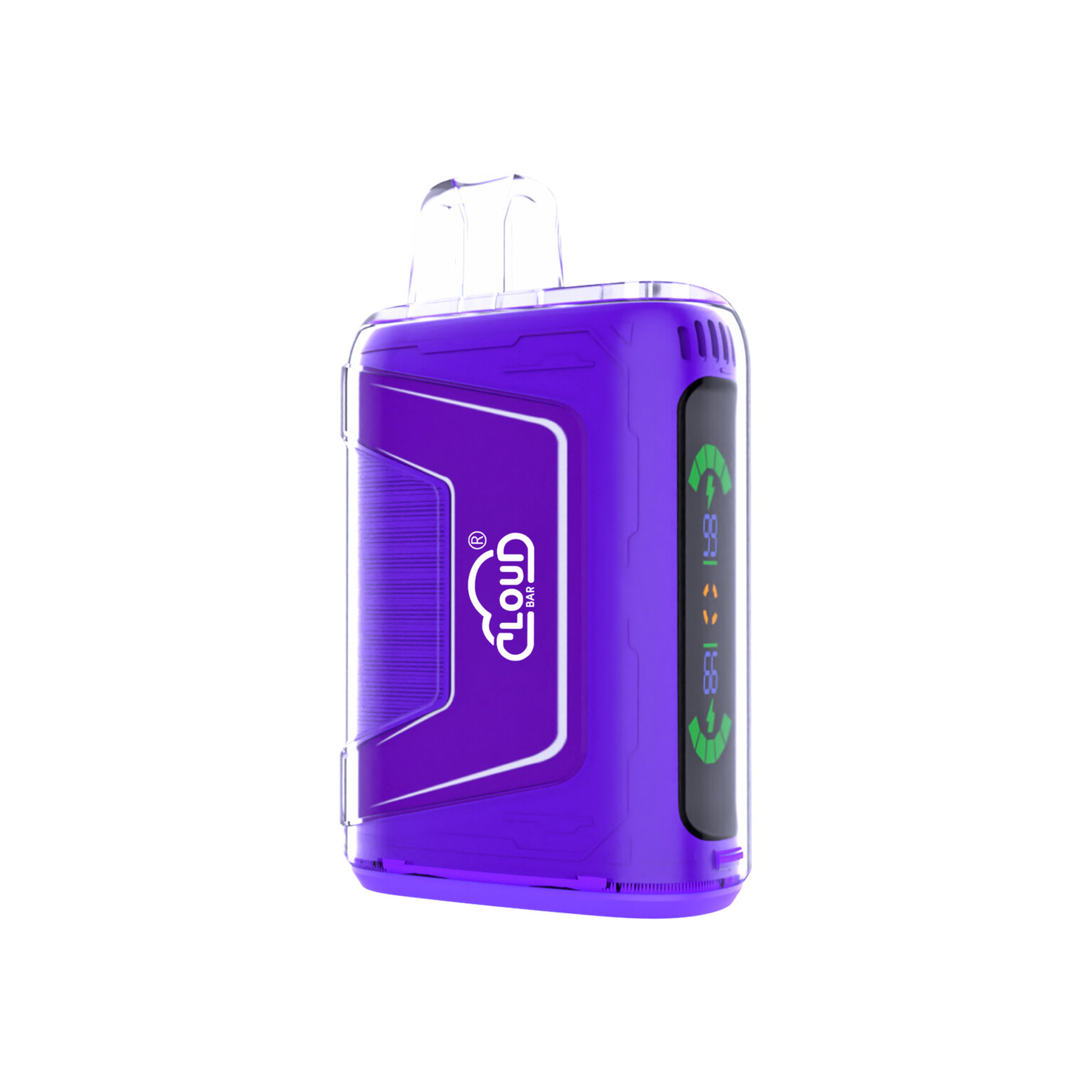 Purple vape device with a transparent mouthpiece, branded "Cloud Bar," featuring a display screen showing battery and other indicators.