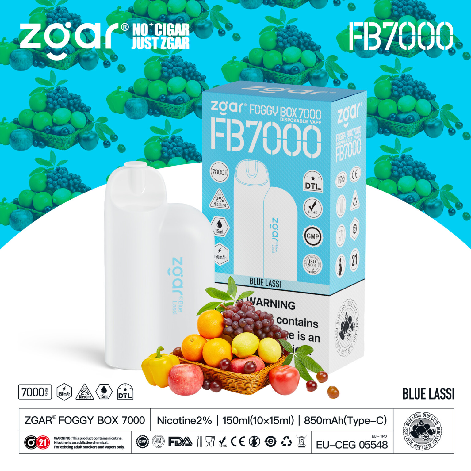 Zgar Foggy Box 7000 disposable vape with "Blue Lassi" flavor, featuring a white device and packaging displaying 2% nicotine, 150ml e-liquid, and 850mAh battery with Type-C charging. Background includes images of fruit baskets.