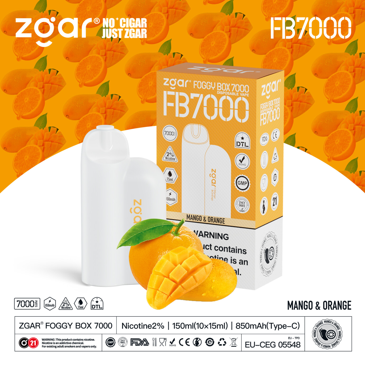 Zgar Foggy Box 7000 disposable vape with mango and orange flavor packaging, featuring a white vape device and a box with orange mango and green leaf graphics.