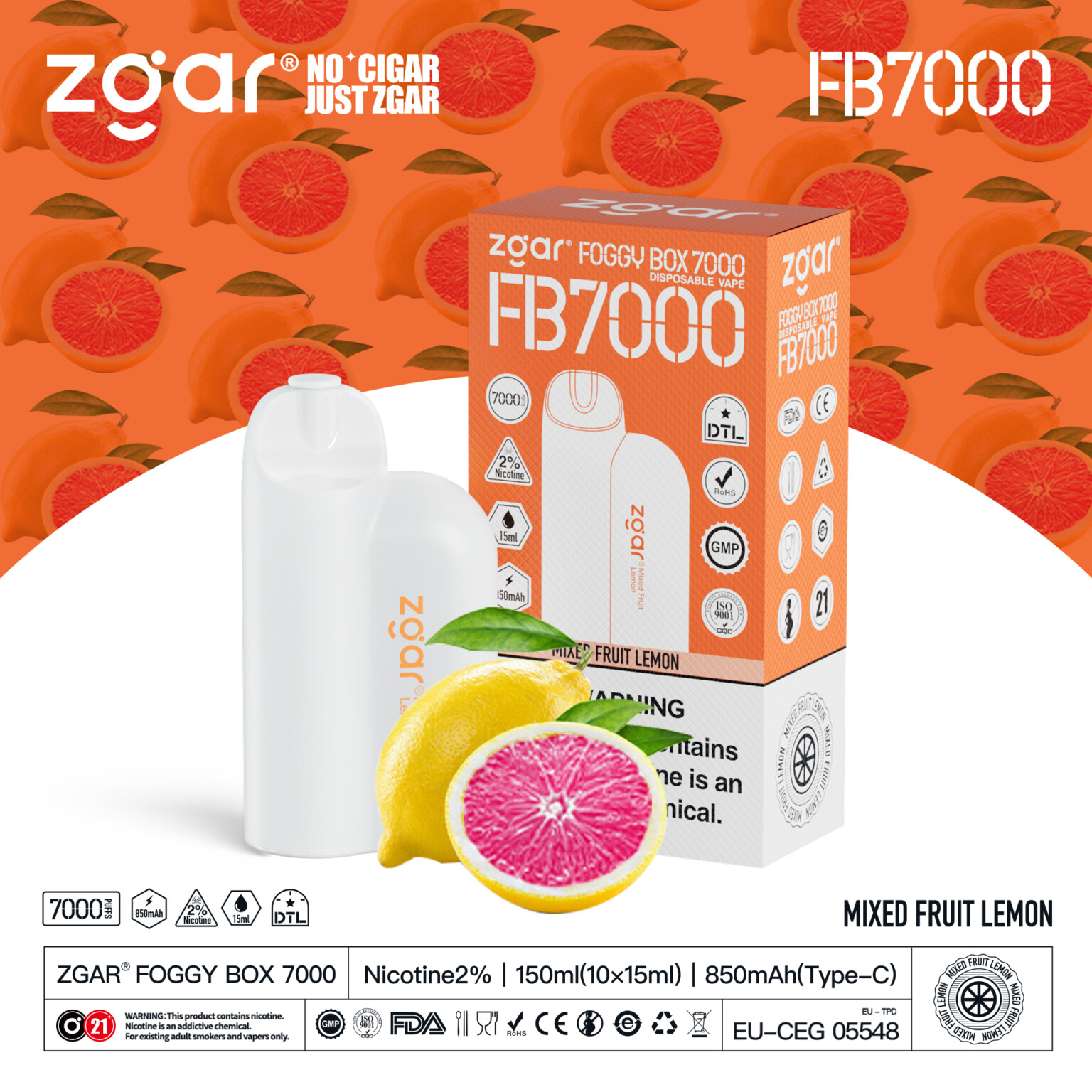Zgar Foggy Box 7000 disposable vape packaging with a "Mixed Fruit Lemon" flavor, showing the device, box, and images of citrus fruits in the background.
