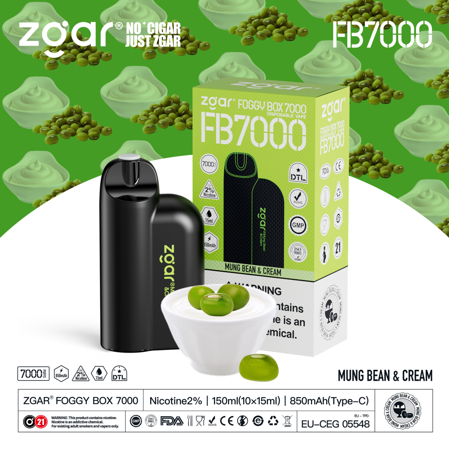 Zgar Foggy Box 7000 disposable vape device with mung bean and cream flavor, featuring product packaging and green bean and cream imagery. The device is black, with a capacity of 150ml and 2% nicotine.