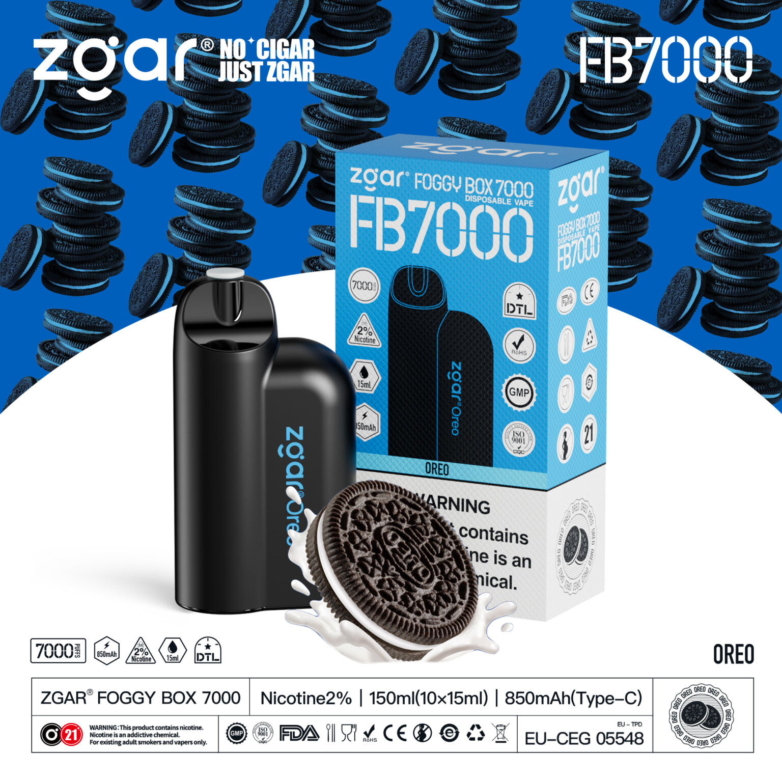 Zgar Foggy Box 7000 disposable vape with Oreo flavor packaging, featuring a black device and images of Oreo cookies.