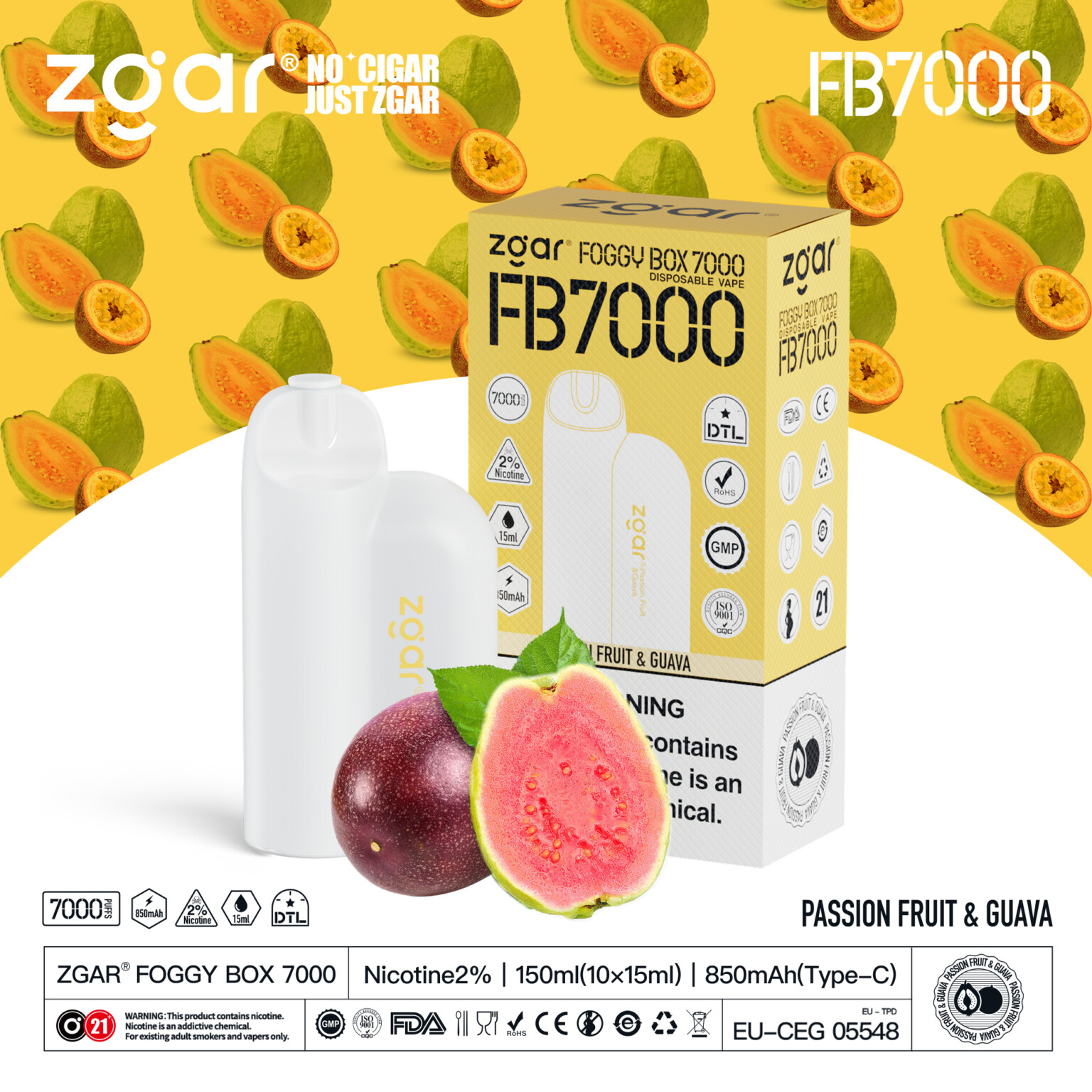 Packaging of Zgar Foggy Box 7000 disposable vape with a passion fruit and guava flavor, showing the vape device, fruit illustrations, and product details including nicotine content, volume, and safety warnings.