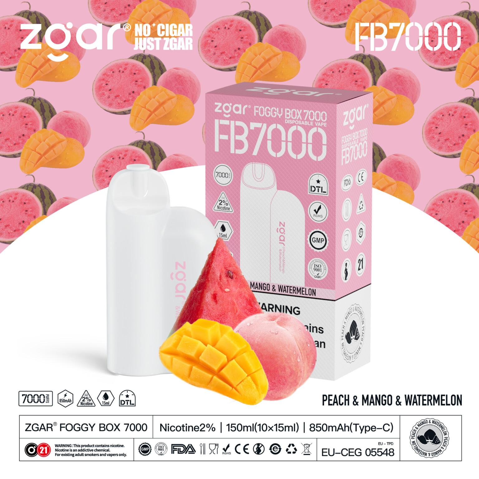 Zgar Foggy Box 7000 disposable vape with peach, mango, and watermelon flavors; white vape device, pink packaging, and fruit graphics in the background.