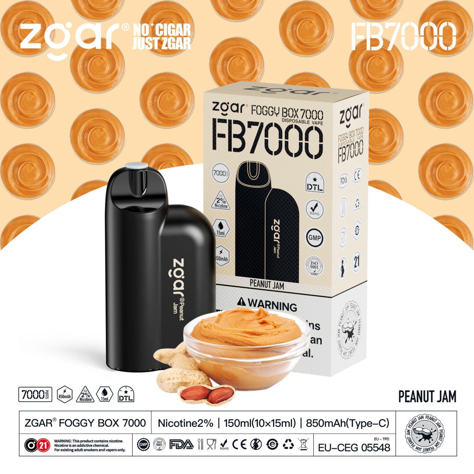 Zgar Foggy Box 7000 disposable vape in black with a peanut jam flavor, shown alongside its packaging and a bowl of peanut butter.