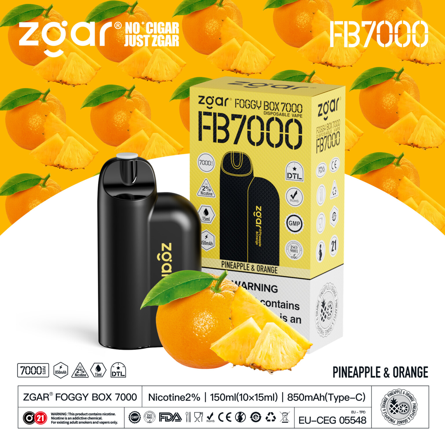 Zgar Foggy Box 7000 disposable vape with a pineapple and orange flavor, featuring a black device, 850mAh battery, 2% nicotine, 150ml e-liquid, and Type-C charging.