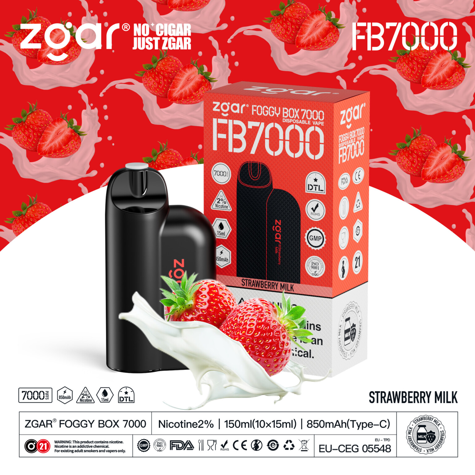 Image of a ZGAR Foggy Box 7000 disposable vape with a "Strawberry Milk" flavor. The black device is shown alongside its packaging, which highlights its features such as 2% nicotine, 150ml capacity, 850mAh battery, and 7000 puffs. The background includes strawberries and milk splashes, emphasizing the flavor.