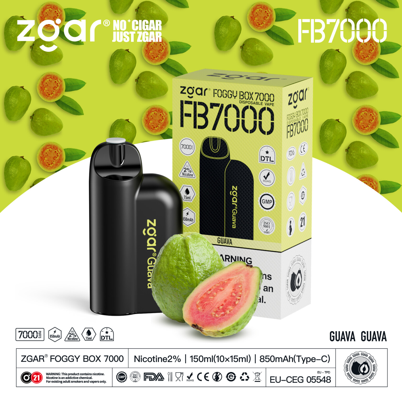 ZGAR Foggy Box 7000 disposable vape in guava flavor, with black device, packaging box, and guava fruit illustrations.