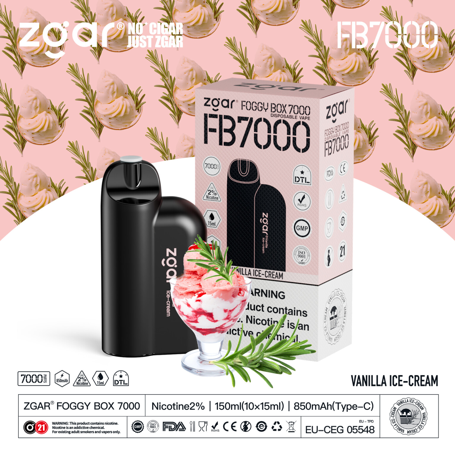 Zgar Foggy Box 7000 disposable vape in black with vanilla ice cream flavor, shown with packaging and decorative vanilla ice cream motifs.