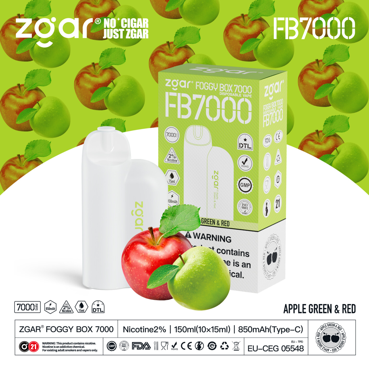 ZGAR Foggy Box 7000 disposable vape with "Apple Green & Red" flavor, featuring a white device and its packaging, surrounded by green and red apples.