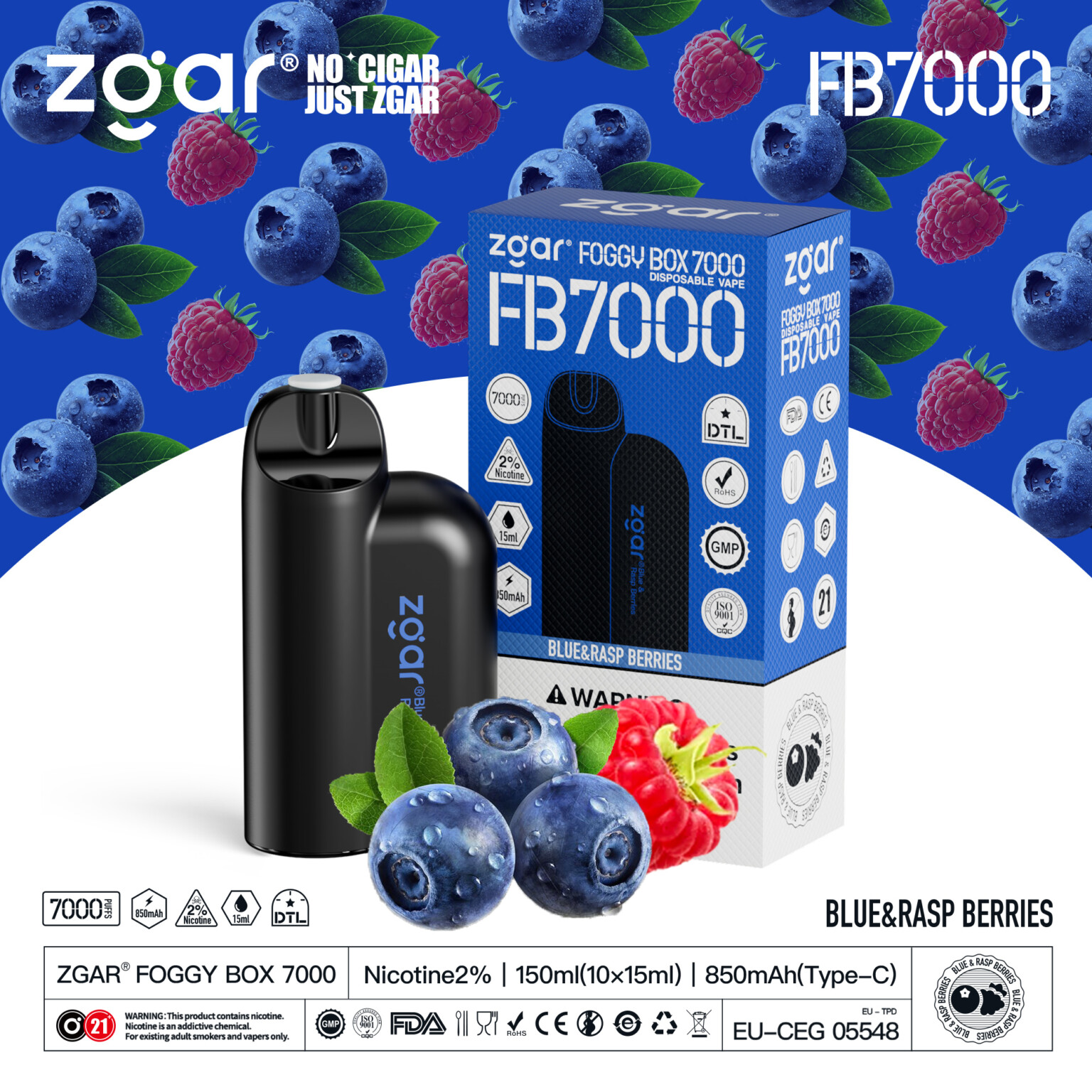 Zgar Foggy Box 7000 vape device and packaging with blueberry and raspberry graphics in the background.