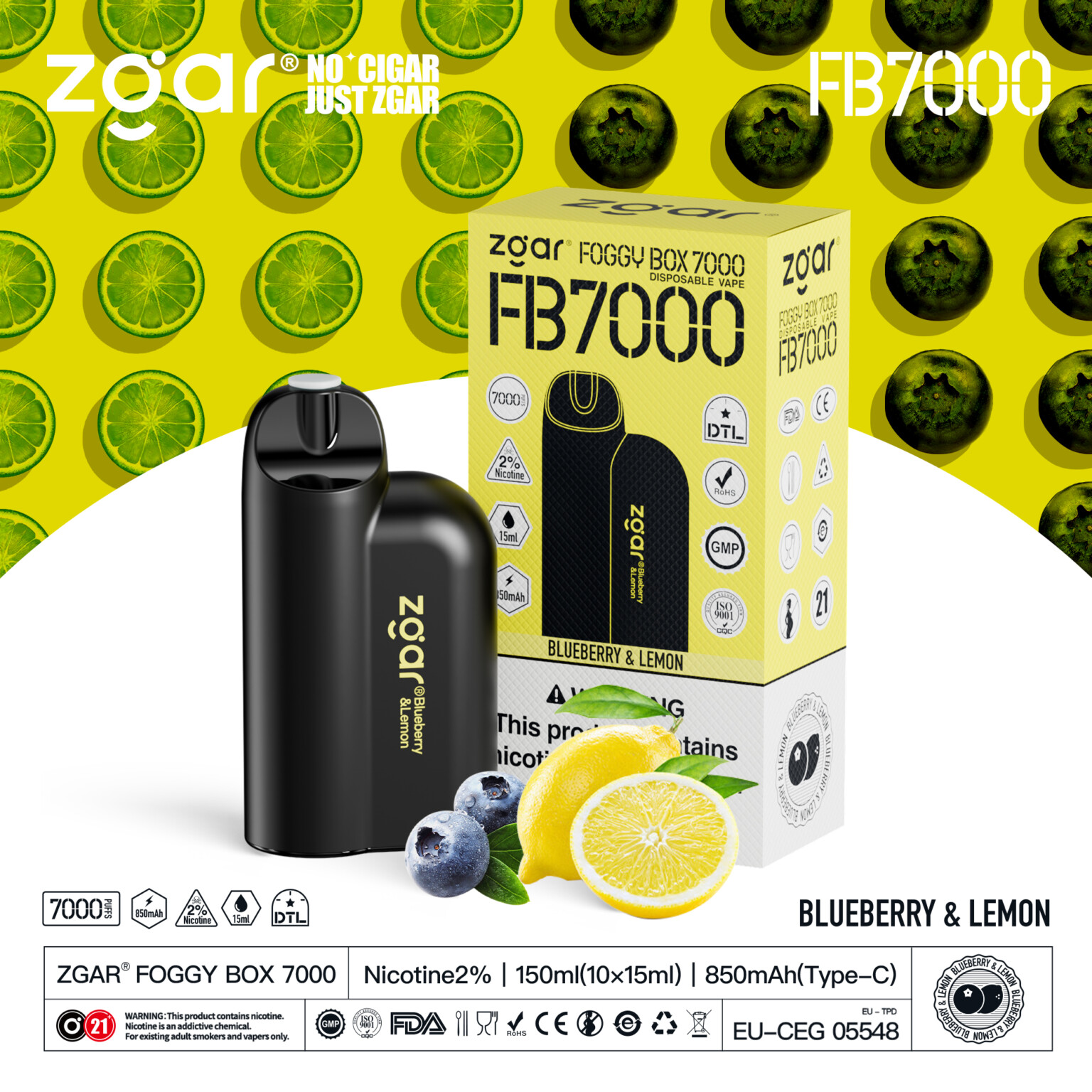 Zgar Foggy Box 7000 disposable vape in blueberry and lemon flavor, with packaging showing product details and warnings against a background of lemon and blueberry images.