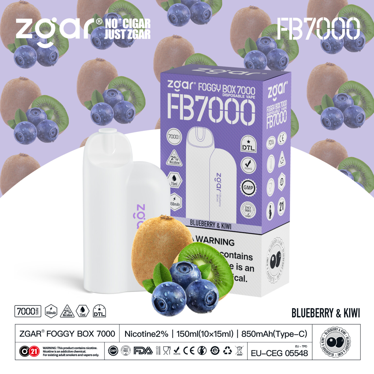 Zgar Foggy Box 7000 disposable vape device with a blueberry and kiwi flavor, featuring a white sleek design next to the product box.