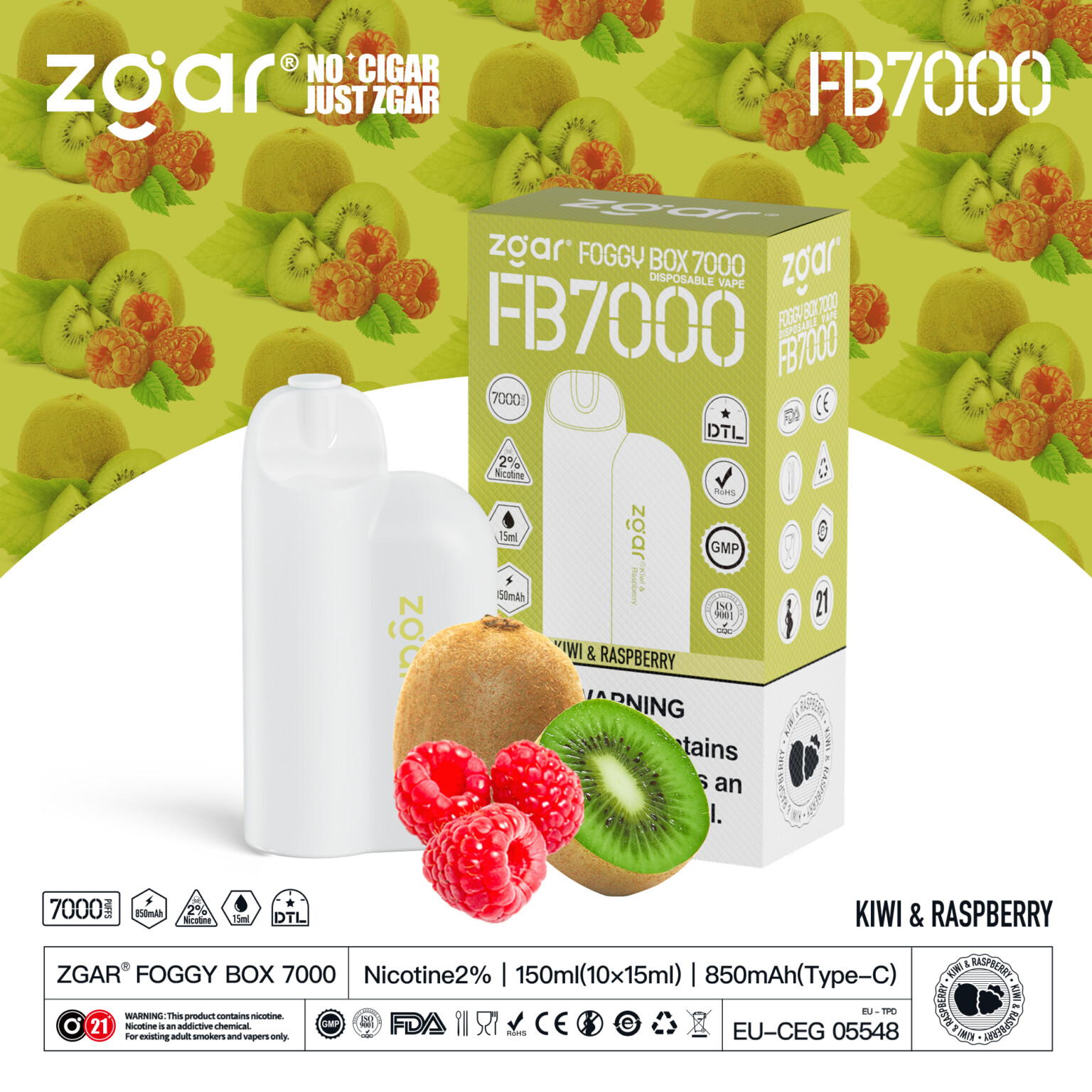 Packaging and product of ZGAR Foggy Box 7000 disposable vape in Kiwi & Raspberry flavor with images of kiwi and raspberries.