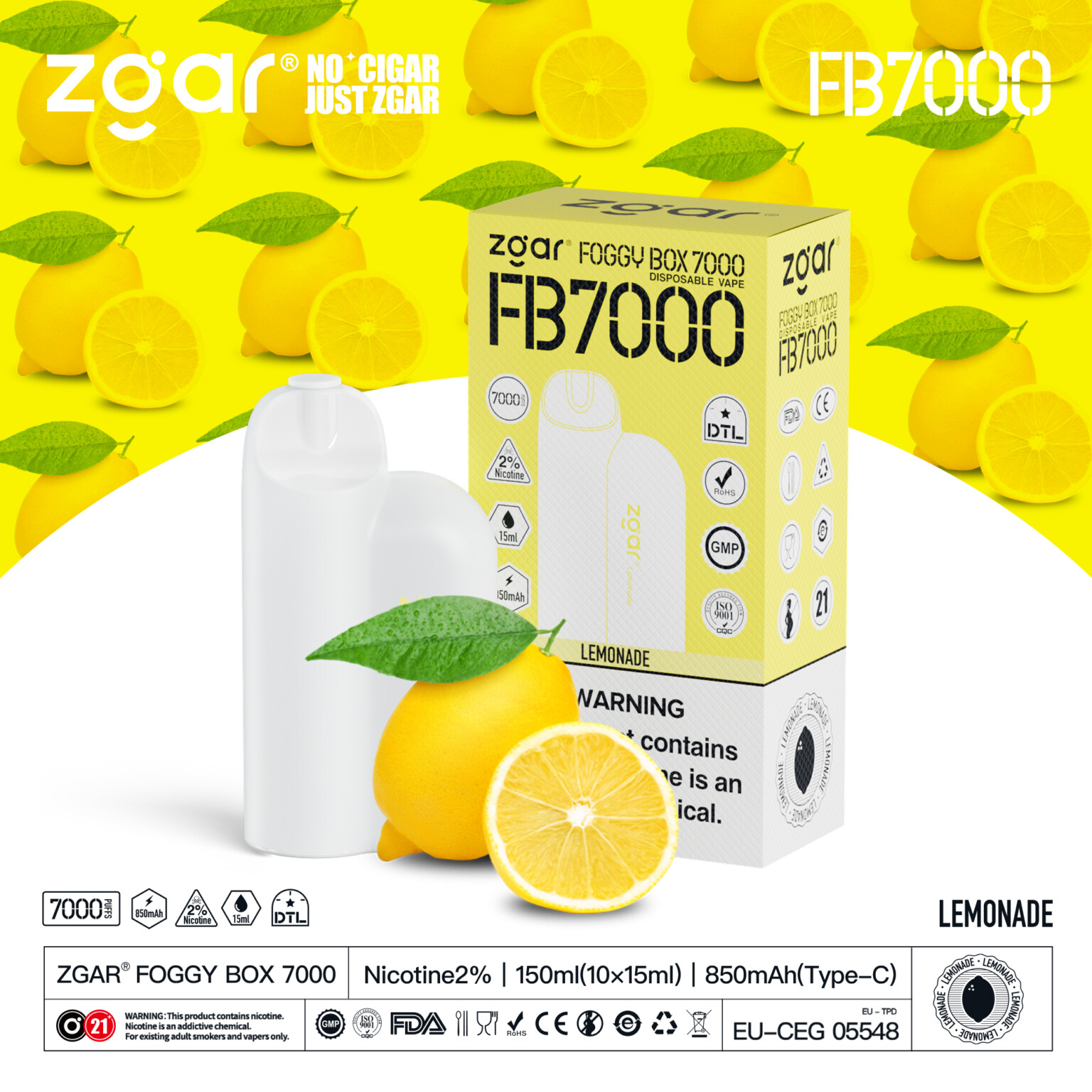 A ZGAR Foggy Box 7000 disposable vape in lemonade flavor, displayed with its packaging and fresh lemons on a yellow background.