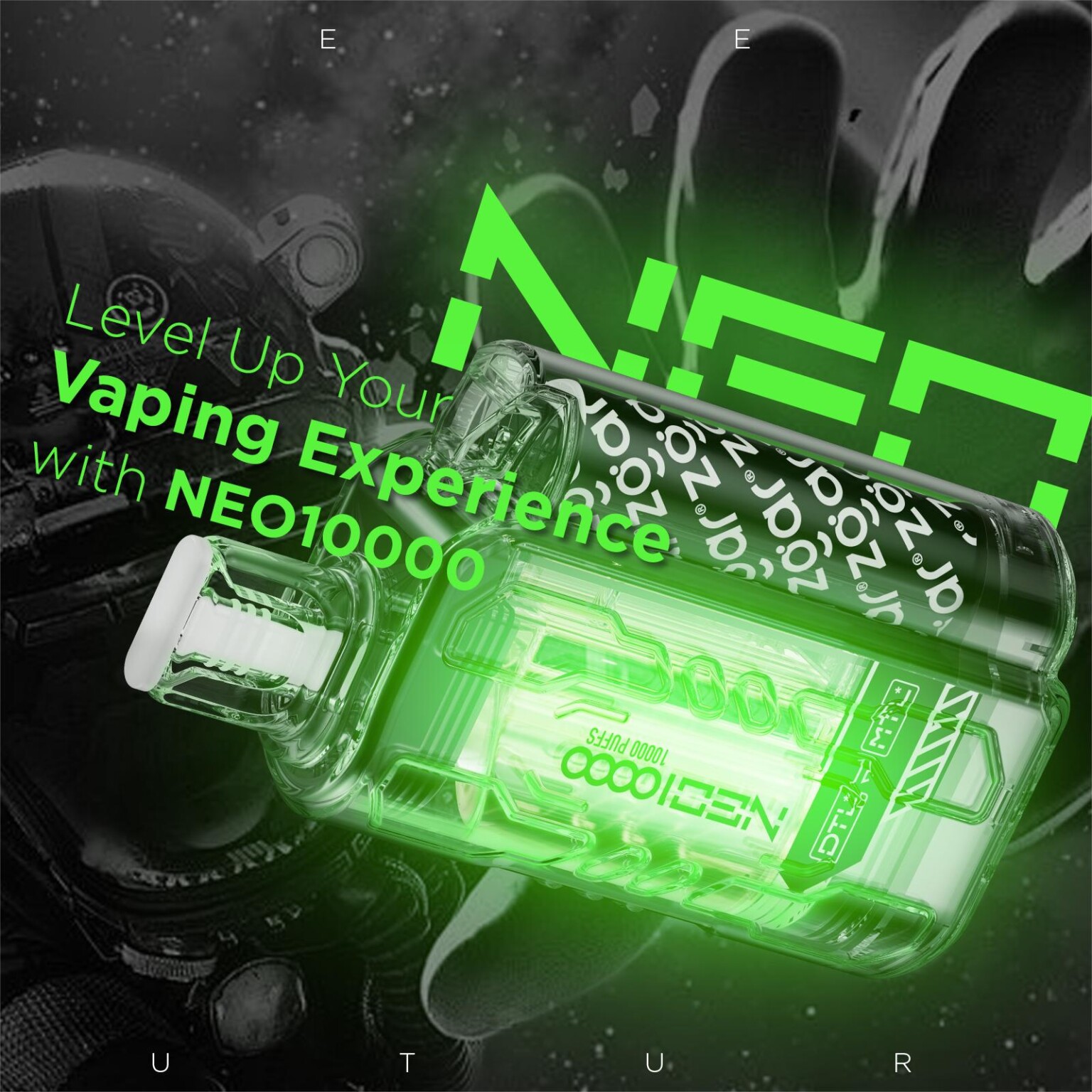 A futuristic vaping device labeled "NEO10000" in bright neon green, with the text "Level Up Your Vaping Experience" overlayed on the image.