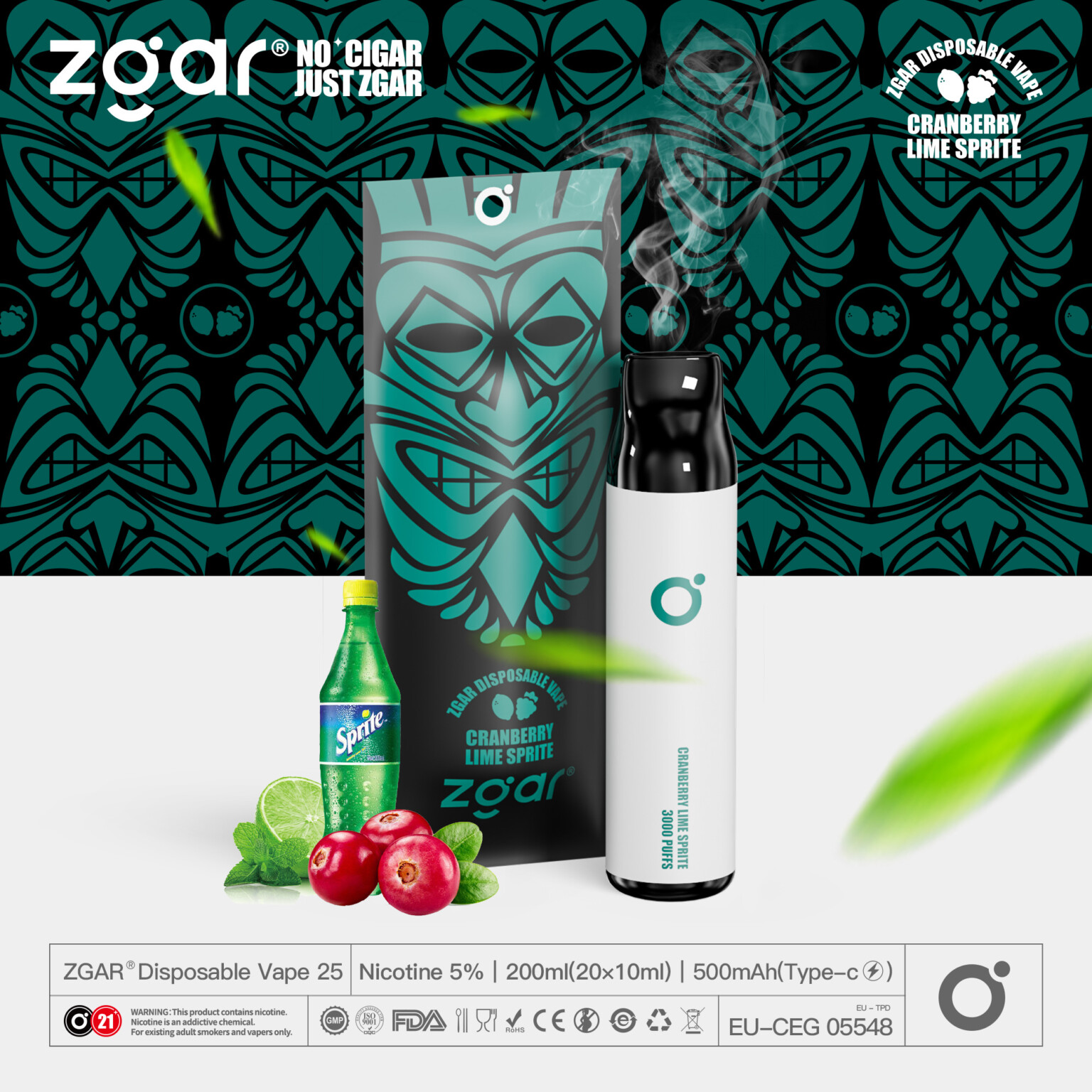 Zgar disposable vape with cranberry lime sprite flavor, nicotine 5%, 200ml capacity, 500mAh battery, next to a bottle of Sprite, cranberries, and mint leaves.