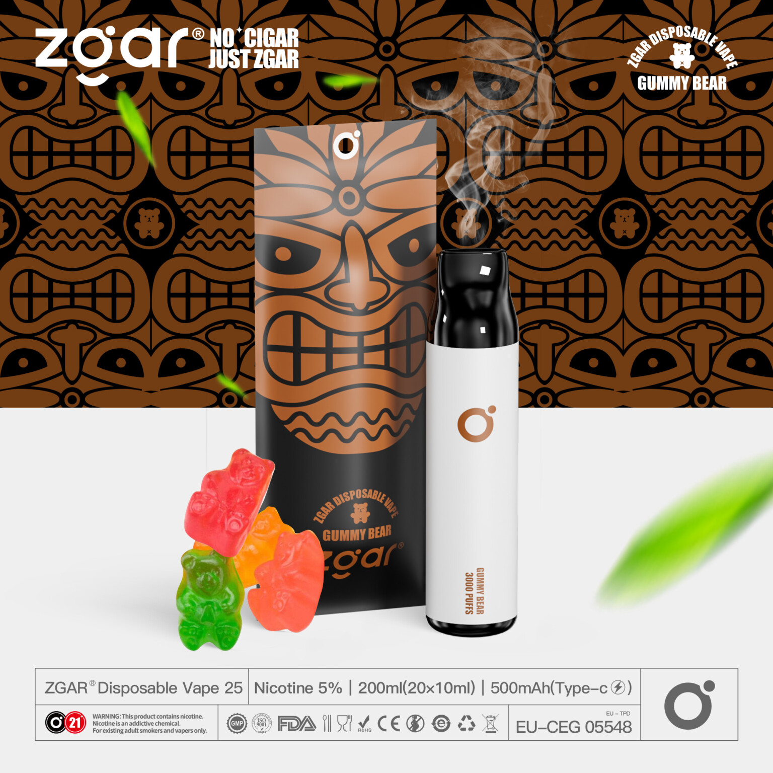 Zgar disposable vape packaging with a tiki mask design, featuring a vape device emitting smoke, gummy bear candies, and product information including nicotine strength and volume.