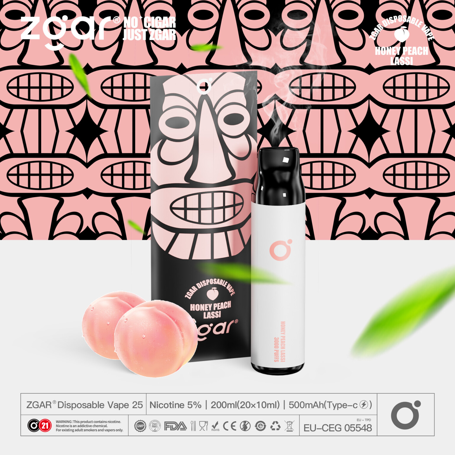 Zgar disposable vape with a honey peach lassi flavor, featuring a stylized face design on the packaging and two peaches in the foreground.