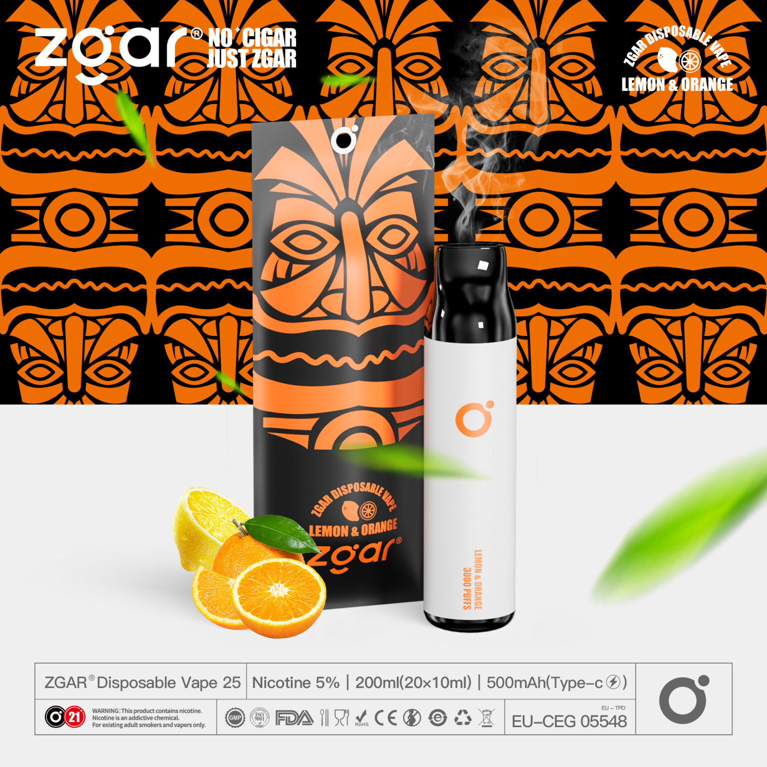 ZGAR disposable vape package with a tribal design featuring lemon and orange flavors, and a visible vape pen emitting smoke.