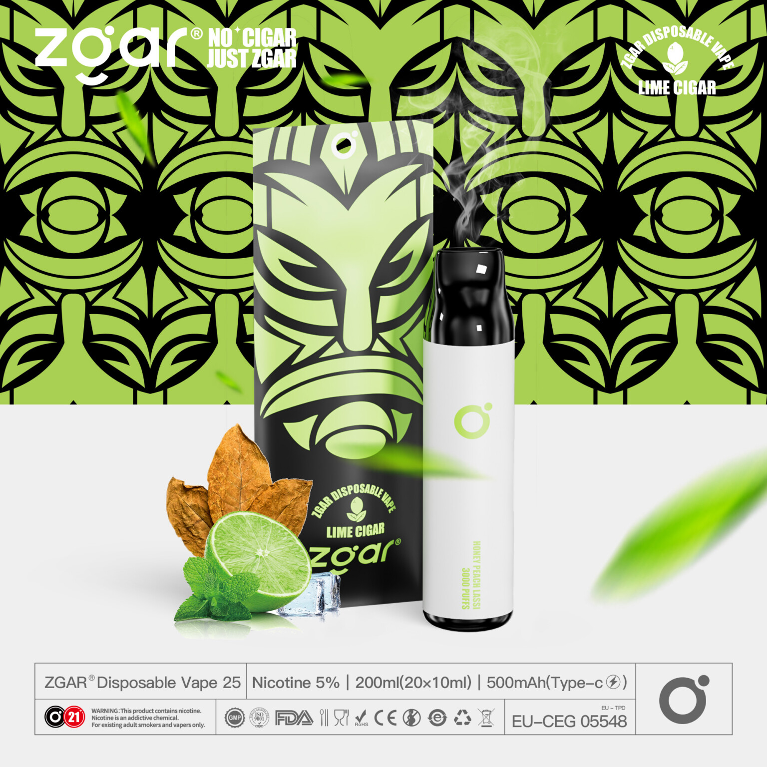 ZGAR disposable vape featuring lime cigar flavor with a green tribal design background, displayed alongside lime, mint leaves, and tobacco leaves.