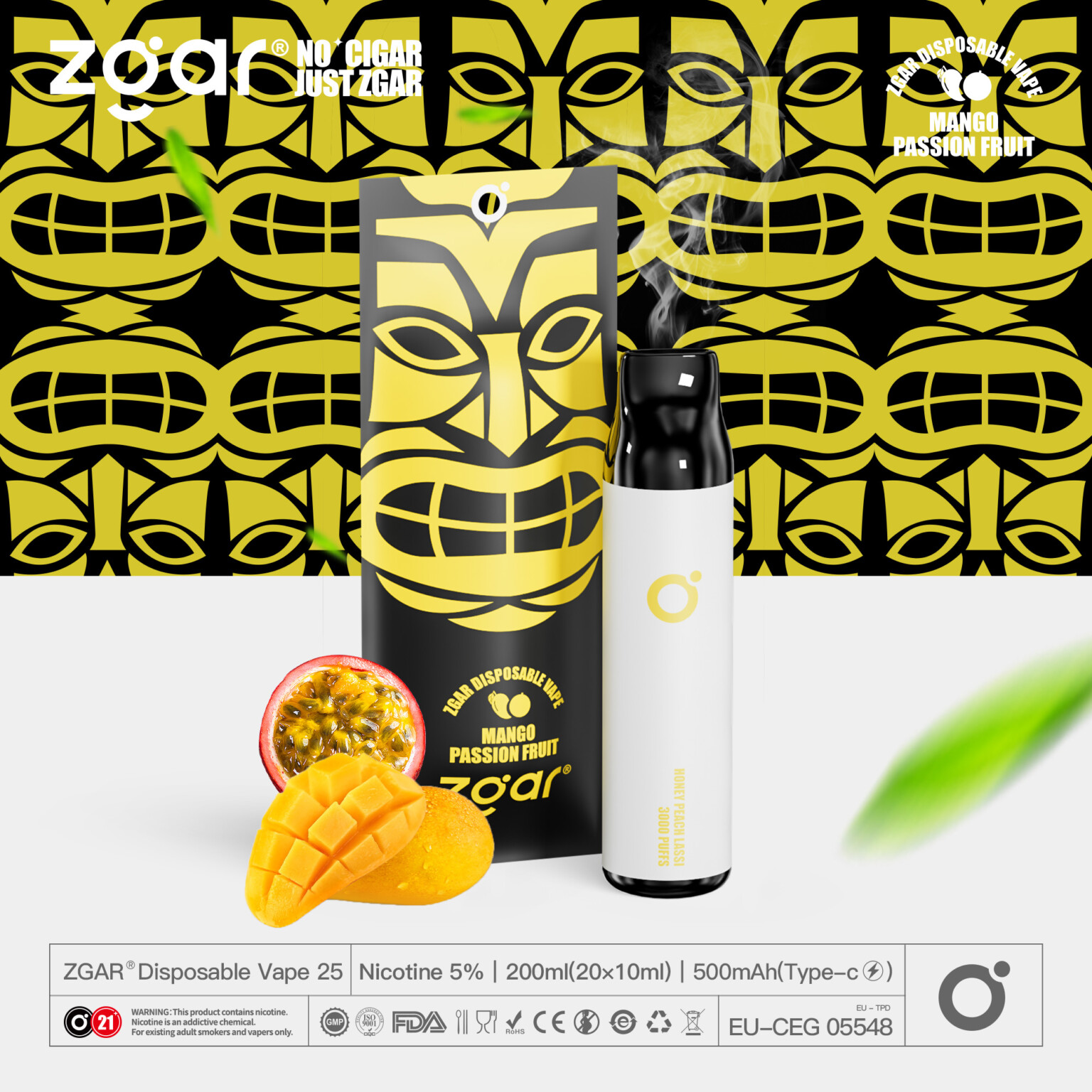 ZGAR disposable vape device with mango passion fruit flavor, featuring a sleek white and black design, alongside packaging with a bold tribal mask graphic in yellow and black.
