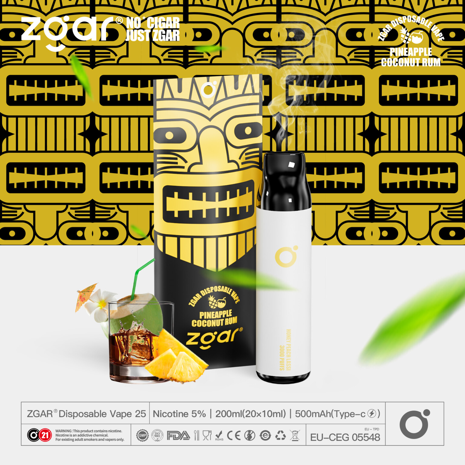 Packaging for ZGAR Pineapple Coconut Rum disposable vape, featuring a tiki mask design with a yellow and black color scheme, a vape pen, and a tropical drink with pineapple slices in the foreground.