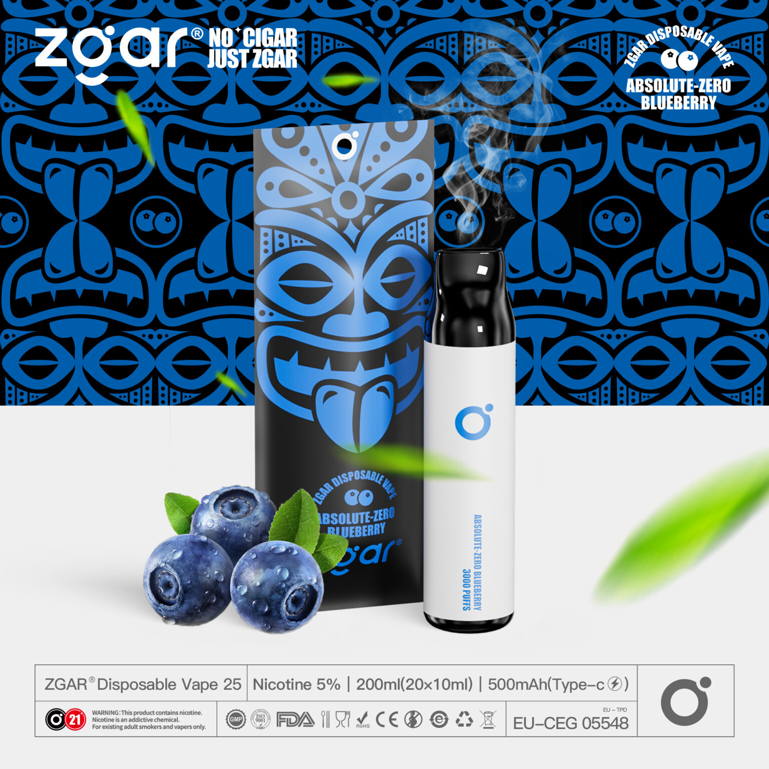 Zgar Absolute-Zero Blueberry disposable vape with a 500mAh battery, blue tribal design packaging, fresh blueberries, and a green leaf.
