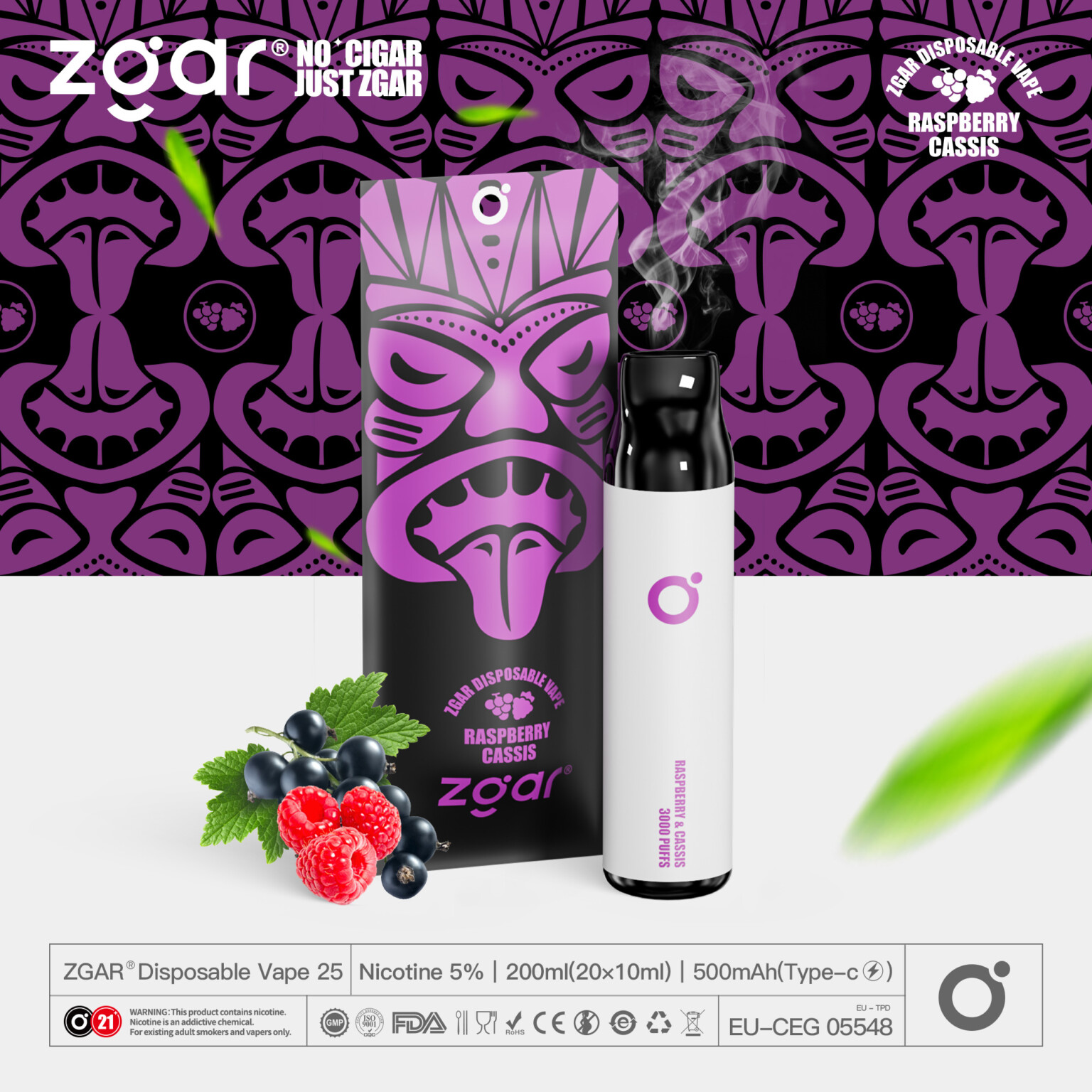 Zgar disposable vape box and device with a purple tiki mask design, labeled "Raspberry Cassis," surrounded by raspberries and blackcurrants.