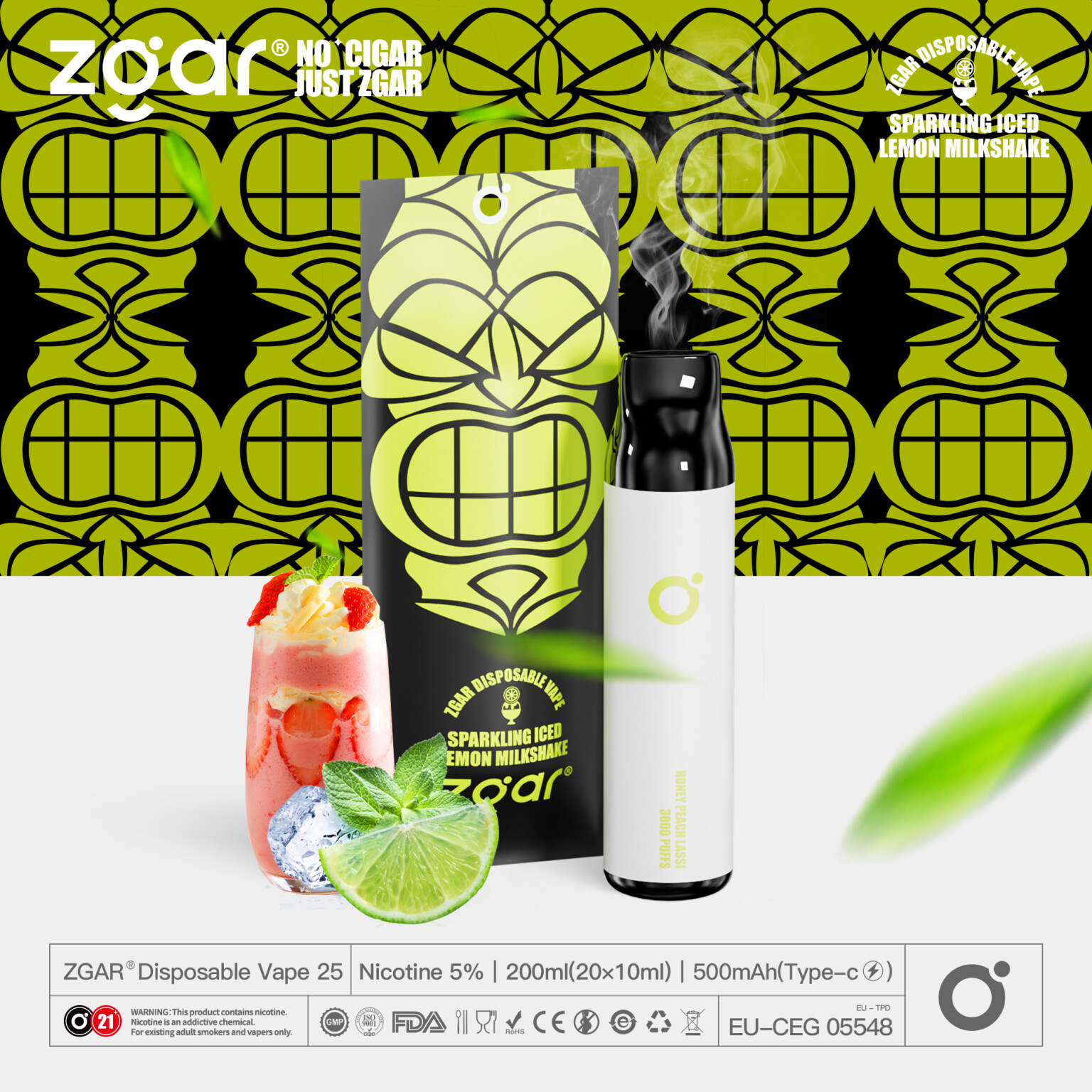 Zgar disposable vape with a "Sparkling Iced Lemon Milkshake" flavor, shown with packaging featuring a green abstract design, alongside a glass of lemon milkshake with whipped cream and strawberries.
