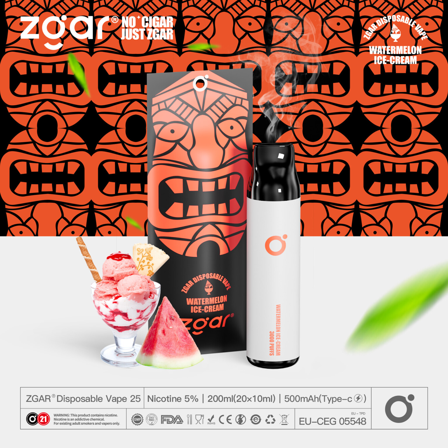 ZGAR disposable vape with watermelon ice-cream flavor, featuring a black and orange patterned background, vape device, and packaging with tribal mask design; includes images of ice cream, watermelon slice, and product details like nicotine content and battery capacity.