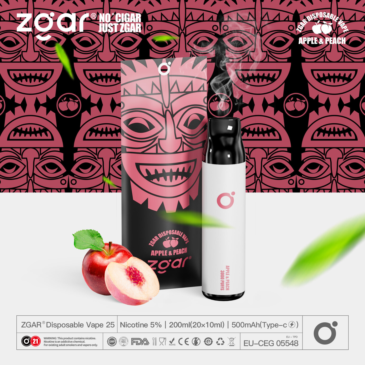 Packaging and a disposable vape device labeled "ZGAR" with apple and peach flavors, featuring a tribal mask design and various icons indicating nicotine content, capacity, and certifications.