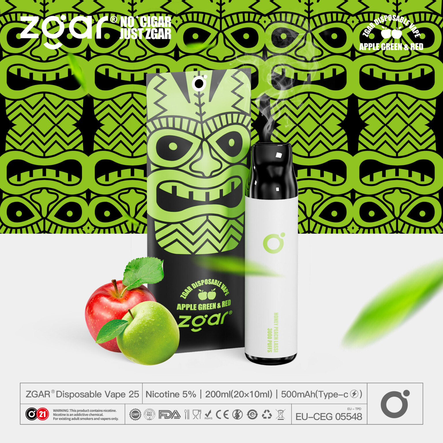 ZGAR disposable vape featuring a tiki-inspired design in green and black, with flavors labeled as Apple Green & Red, accompanied by images of apples. Includes nicotine warning and product specifications.