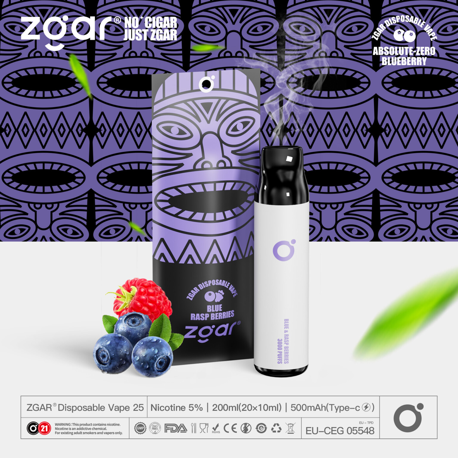 ZGAR disposable vape in Blue Raspberries flavor, featuring a purple tribal mask design on the packaging and fresh blueberries and raspberries at the base, with product specifications listed at the bottom.