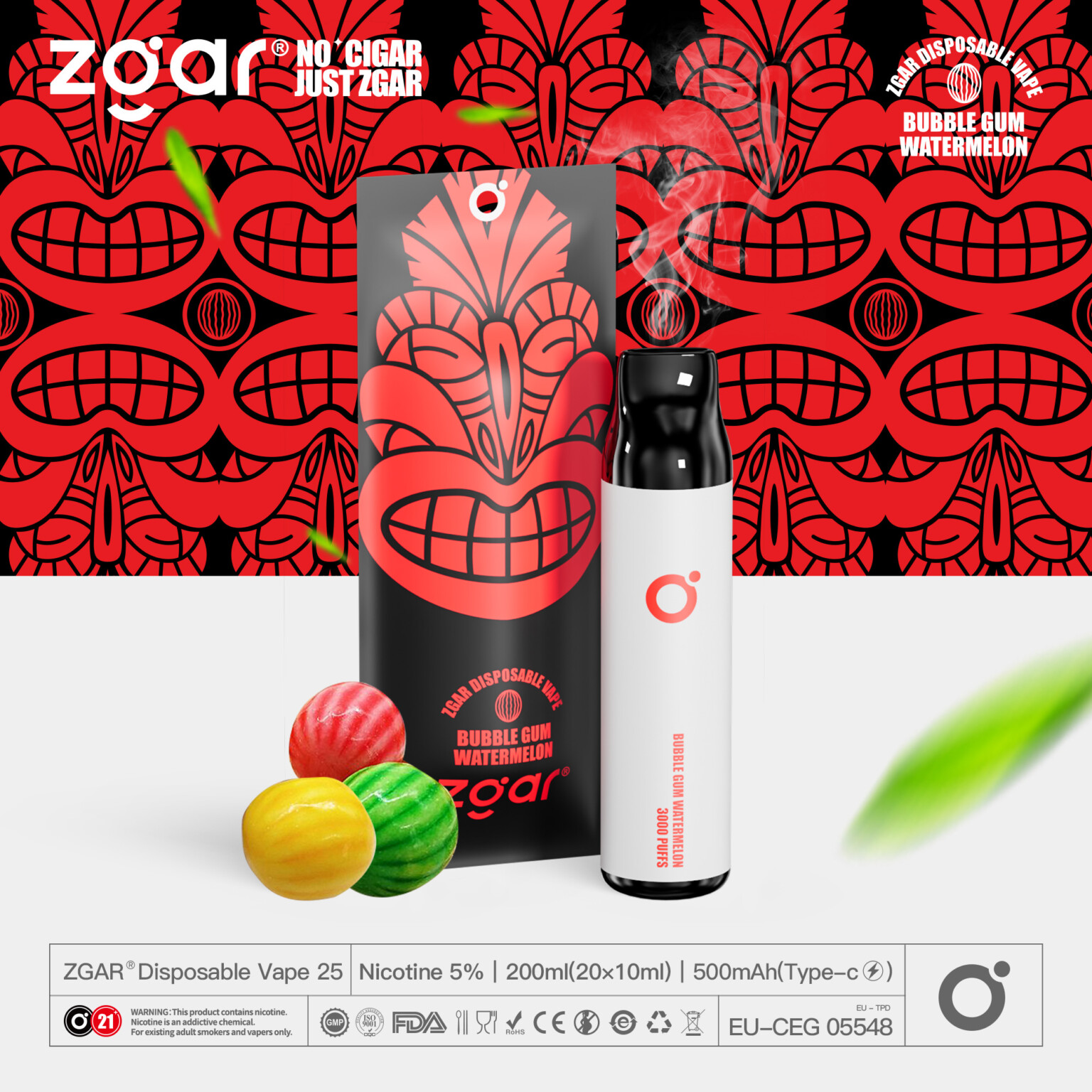 ZGAR disposable vape in white with black mouthpiece, alongside bubble gum watermelon packaging and colorful gumballs. Packaging features a red tribal mask design.
