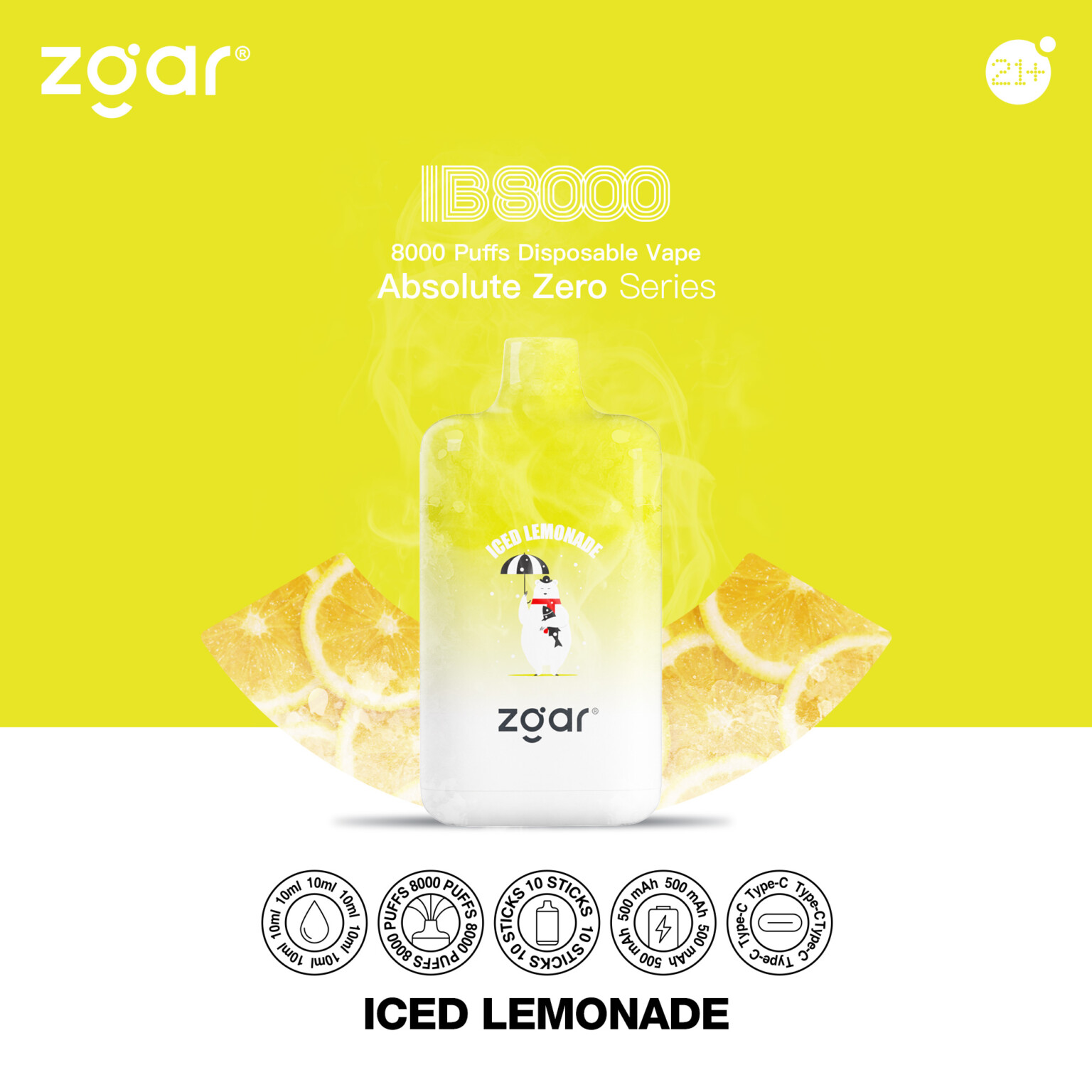 A yellow promotional image for Zgar IB8000, an 8000 puffs disposable vape from the Absolute Zero Series, featuring the Iced Lemonade flavor with a lemon slice background and product details below.