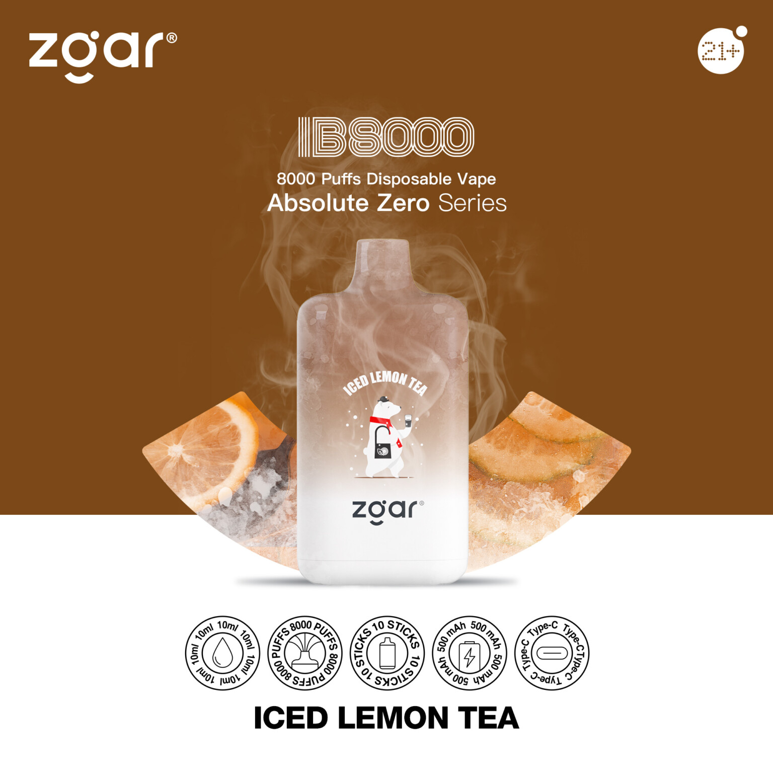 Zgar IB8000 disposable vape in Iced Lemon Tea flavor, featuring 8000 puffs, 10ml e-liquid, 500mAh battery with Type-C charging, and "Absolute Zero" branding.
