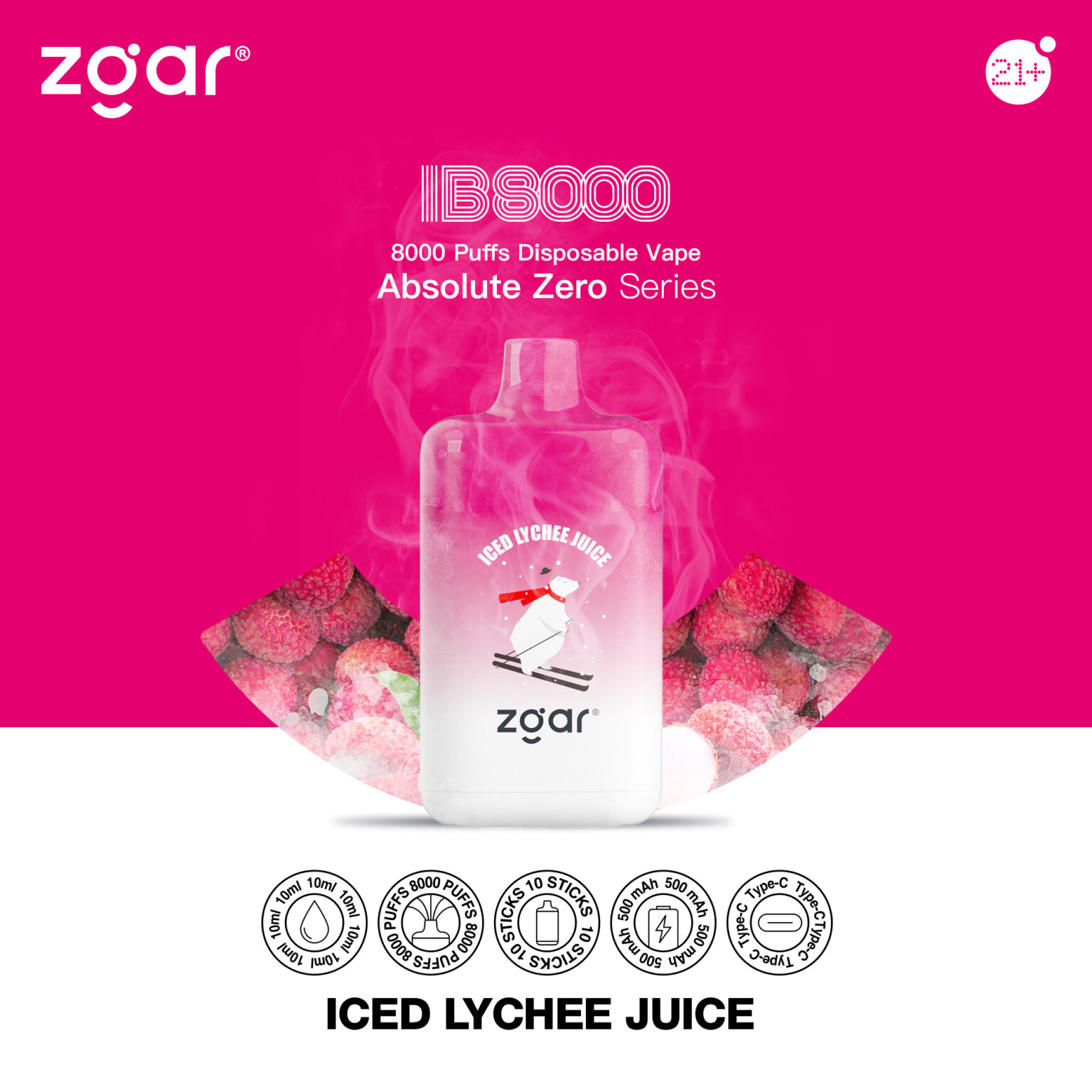 Zgar IB8000 disposable vape in Iced Lychee Juice flavor from the Absolute Zero series, featuring 8000 puffs, 500 mAh battery, and Type-C charging.
