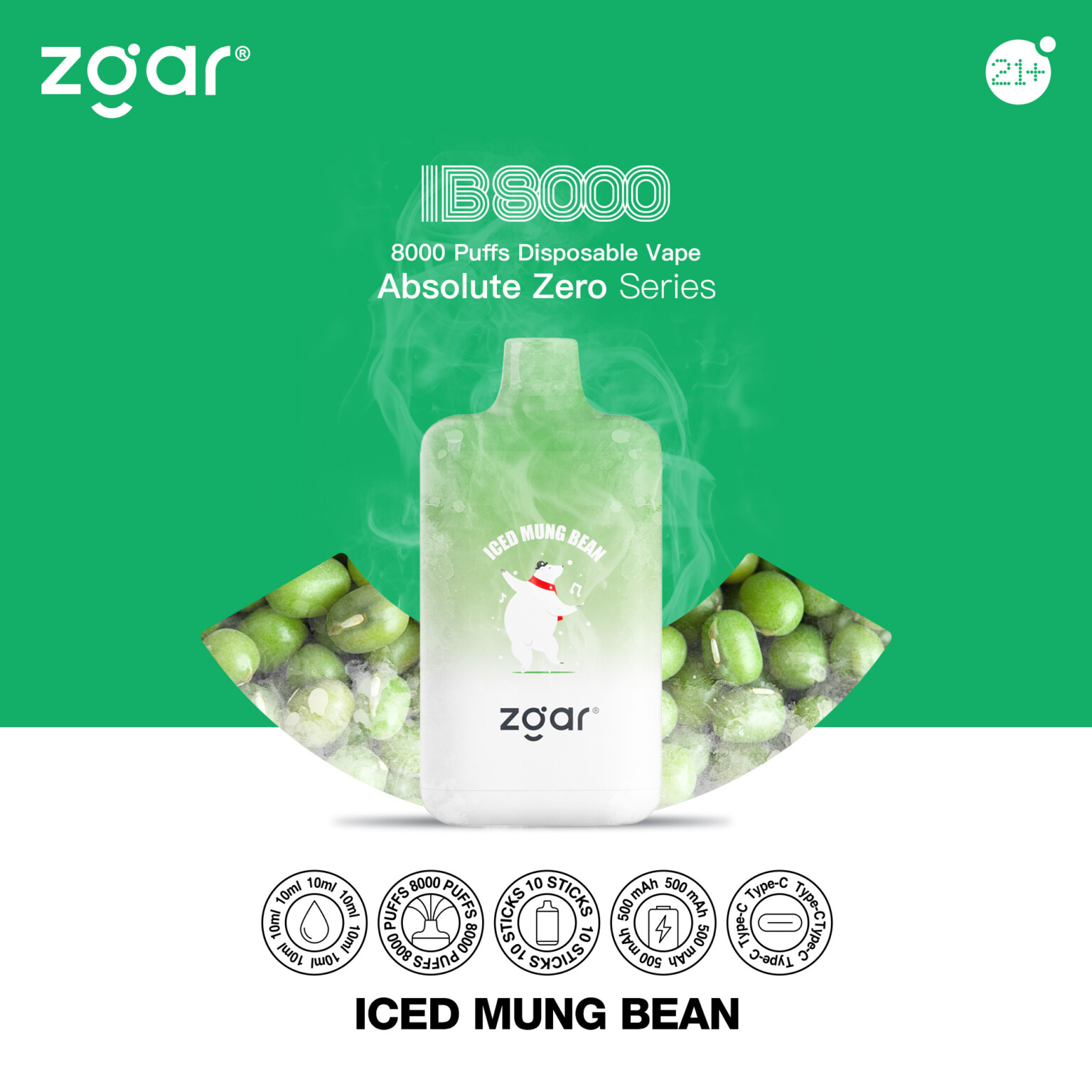 Zgar IB8000 disposable vape in Iced Mung Bean flavor with 8000 puffs, displayed on a green background with images of mung beans.