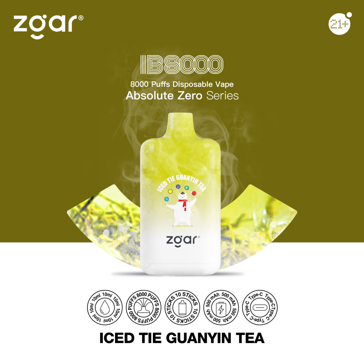 Disposable vape packaging with the brand "zgar," featuring 8000 puffs, the flavor "Iced Tie Guanyin Tea," and various icons highlighting product features.
