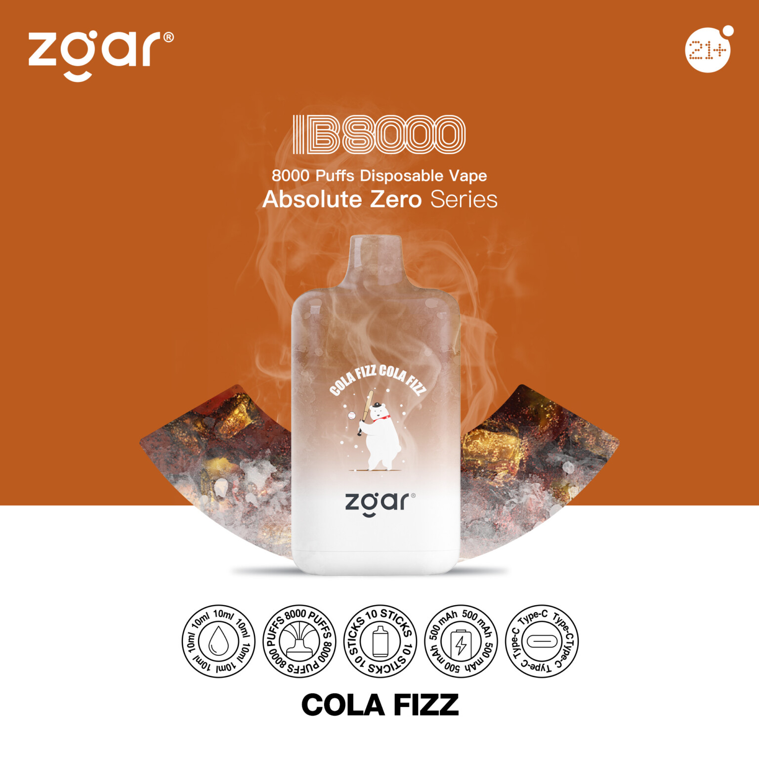 Zgar IB8000 Cola Fizz disposable vape with 8000 puffs, part of the Absolute Zero Series, featuring a polar bear graphic.