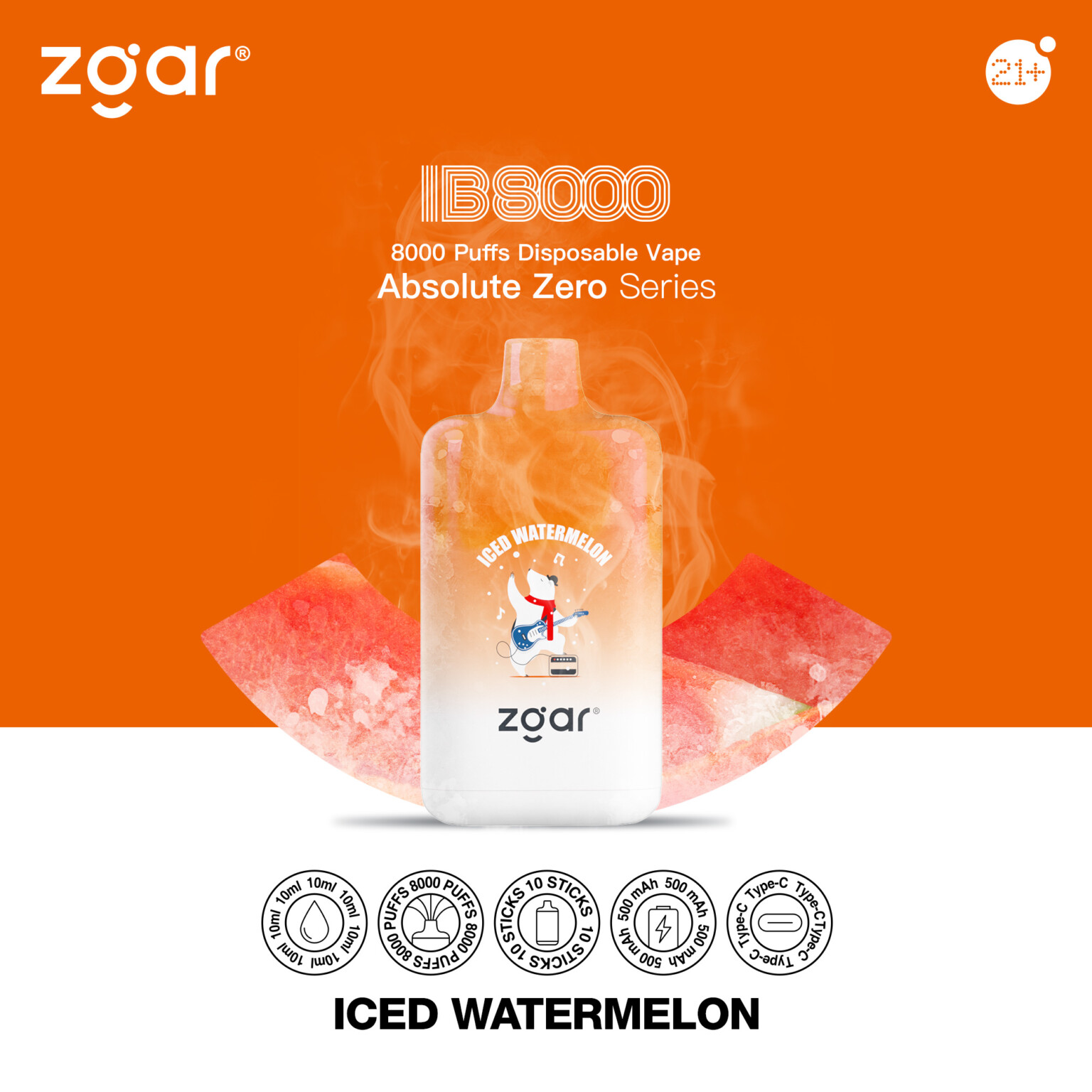 Zgar IB8000 disposable vape in Iced Watermelon flavor with 8000 puffs from the Absolute Zero Series, featuring a cartoon fox playing guitar on the packaging.
