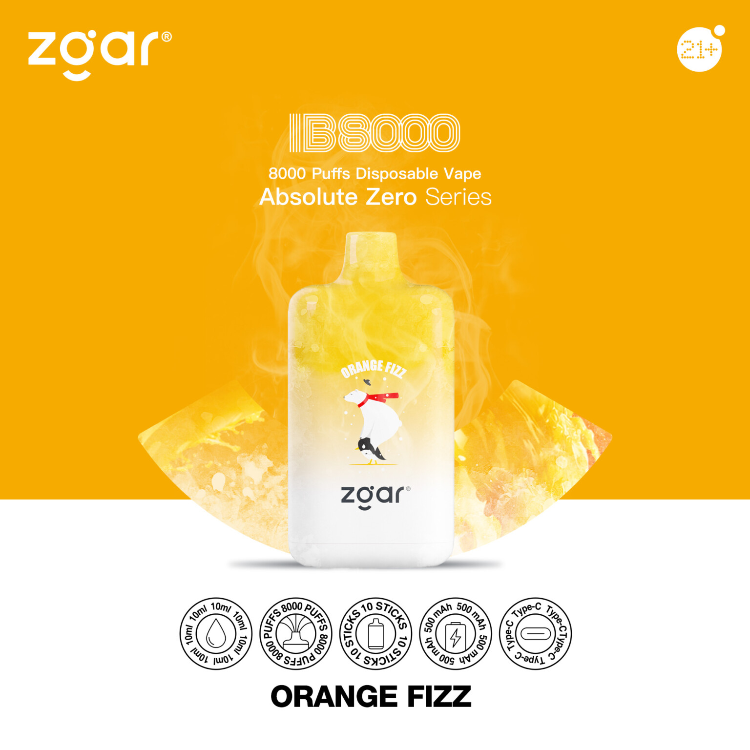 Zgar IB8000 Orange Fizz disposable vape with 8000 puffs, Absolute Zero Series.