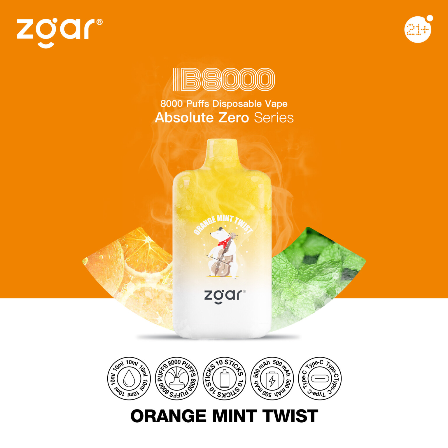 Orange-themed disposable vape product displaying "8000 puffs" and "Orange Mint Twist" flavor, with orange slices, mint leaves, and a polar bear playing a guitar on the packaging.