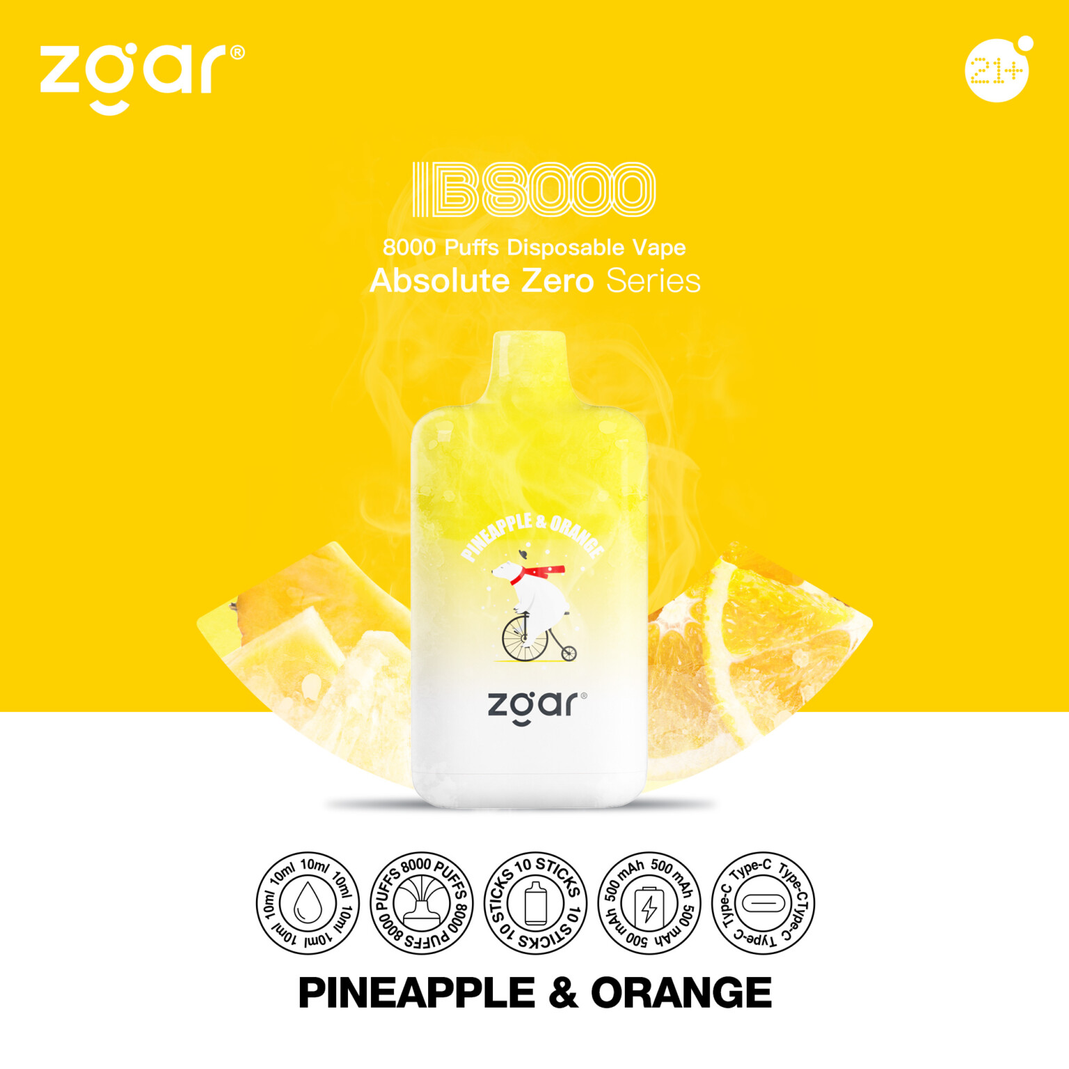 Zgar IB8000 disposable vape in Pineapple & Orange flavor with 8000 puffs, part of the Absolute Zero Series, featuring a yellow background and an illustration of fruit slices and a polar bear on a bicycle.